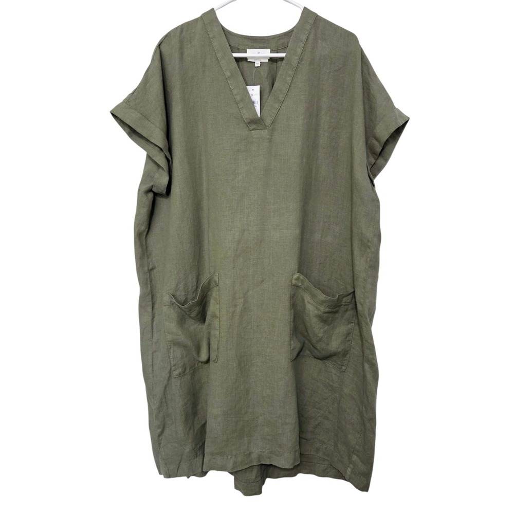 NWT Lou & Grey‎ Olive Green 100% Linen V-Neck Shift Dress Pockets Womens XXL